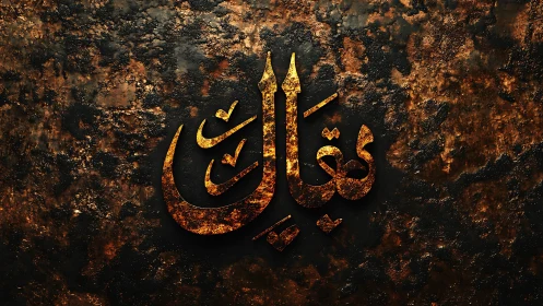 Molten Arabic calligraphy blazing from rusted shadows.