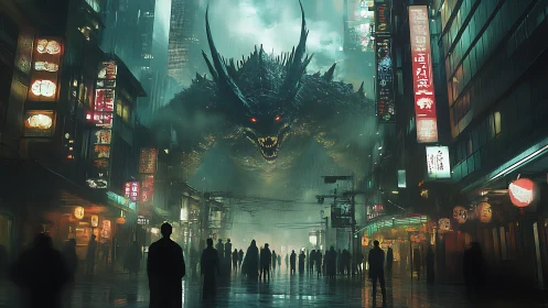 Giant reptilian creature advancing through neon city street.