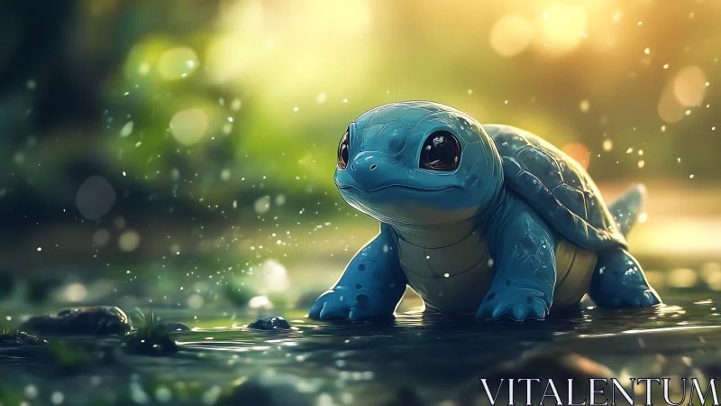 Blue turtle-like creature stands in shallow water at sunset