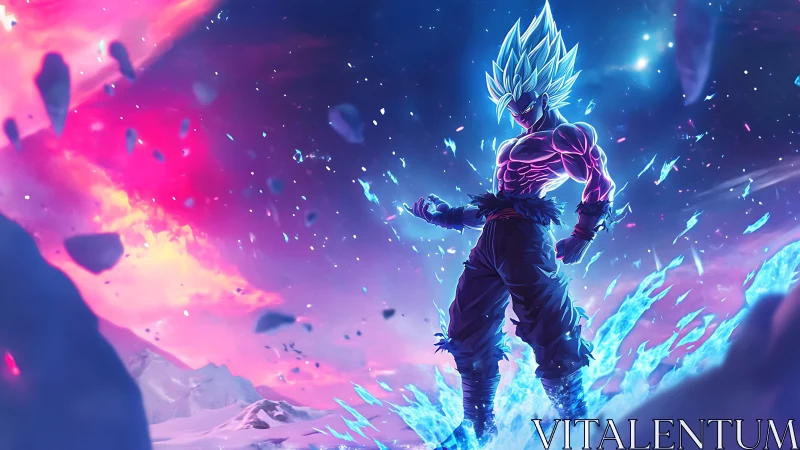 Energy-charged warrior stands amid floating debris field