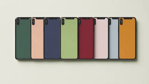 Color-block smartphones stand upright in minimal studio row
