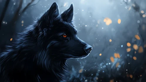 Midnight wolf gazes through glowing embers of the forest.