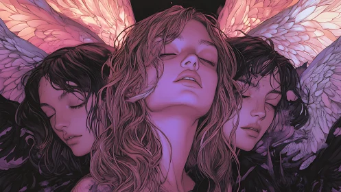 Trinity of ethereal winged figures in iridescent twilight.