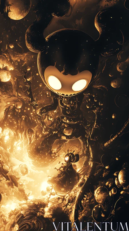 Cosmic skull-headed figure descends through molten nebula.