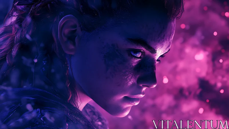 Side profile of illuminated digital face in magenta light.