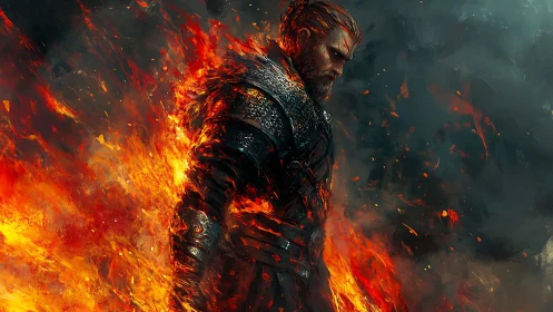 Warrior in dark armor stands engulfed by intense flames