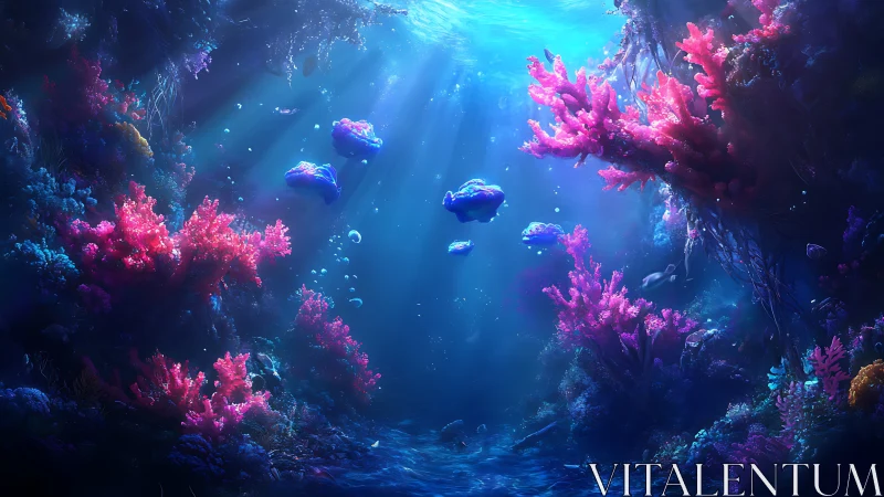 Volumetric blue caustics illuminate neon coral reef structures