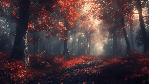Autumn Forest Path Bathed in Golden Light