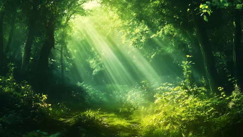 Sunlit Forest Pathway: Crepuscular Rays Through Dense Canopy.