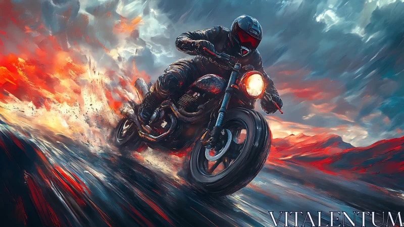 Motorcyclist cornering in wet terrain with explosive light trails