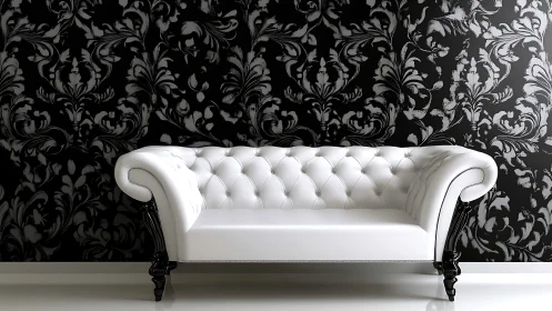 White tufted sofa contrasts with ornate black damask wall