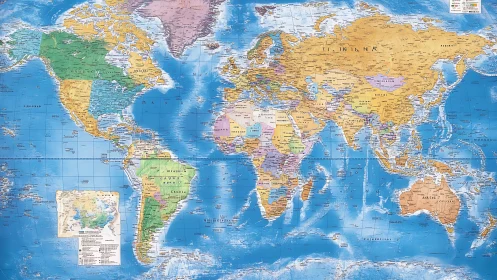 Detailed political world map highlights countries on blue oceans