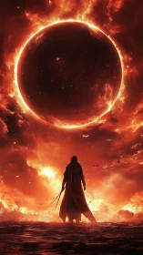 Lone warrior confronts burning eclipse in apocalyptic sky