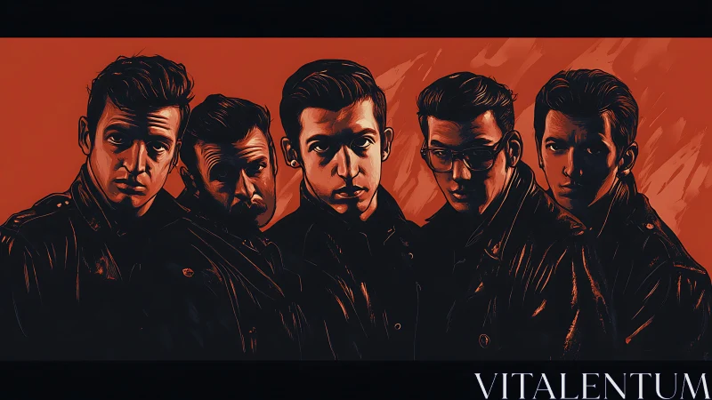 Five brooding men stand united against a stark red void