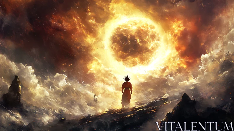 Solar storm wanderer facing a burning celestial gateway.