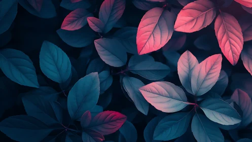 Bicolor foliage under cyan-magenta split lighting gradient