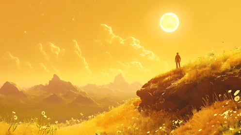 Digital painting of lone figure on sunlit golden ridge at dusk.