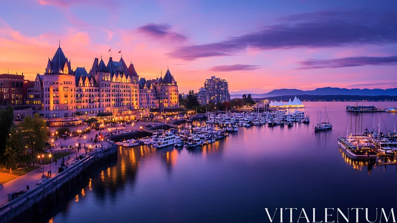 Harborfront hotel glows over calm marina at violet sunset