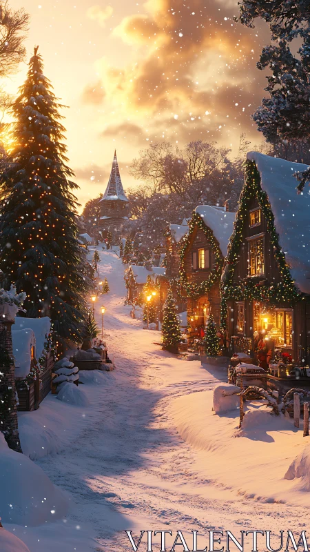 Snowy village lane glowing with cozy holiday lights.