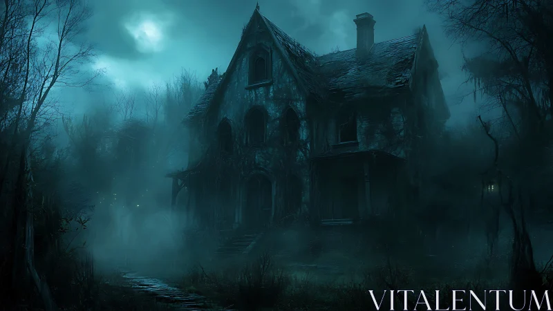 Moonlit abandoned mansion looms through fog in dense forest