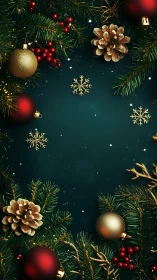 Christmas ornaments and pine branches on dark background.