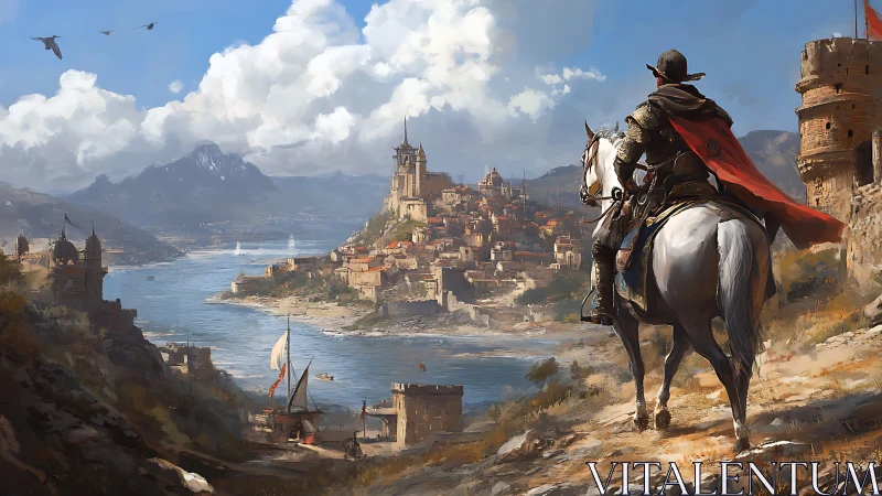 Lone rider overlooks a sunlit medieval riverside city