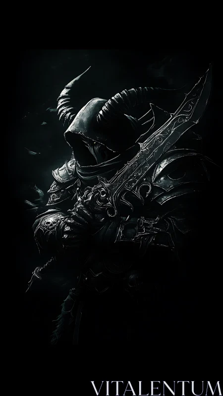 Armored horned warlord grips engraved blade in low key lighting