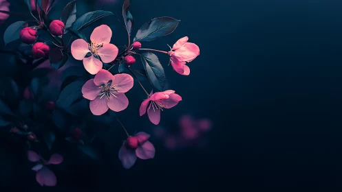 Cherry Blossoms with Vibrant Pink Petals Against Deep Teal Backdrop