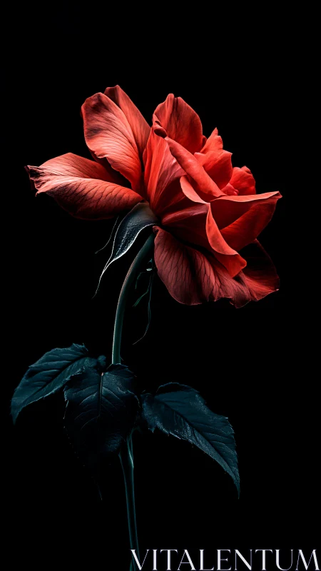 Vibrant Red Rose Against Black Darkness.