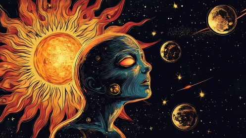 Solar figure with cosmic head amid planets and starfield.