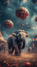 Elephant walking under circus balloons in stormy midway.