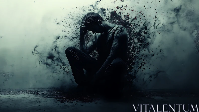 Solitary male figure amid abstract dark particle burst.