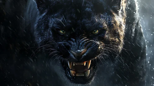 Black Panther Portrait: Close-Up Snarling Feline with Bioluminescent Eyes