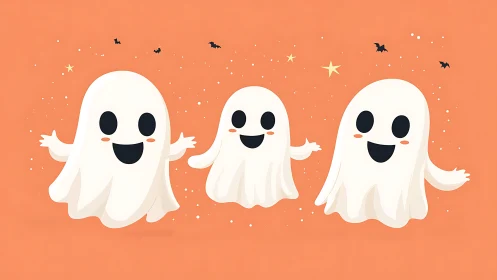 Cute cartoon ghosts on orange Halloween background.