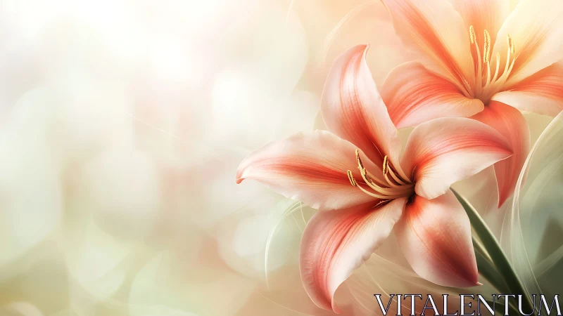 Soft coral lilies glow against airy pastel bokeh field.