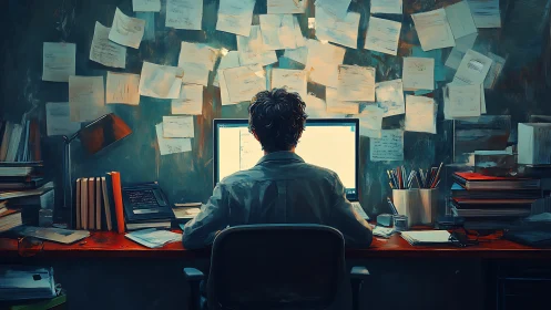 Late-night desk dream where ideas spill across the walls.