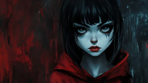Moody digital portrait of pale girl in red hoodie on dark field