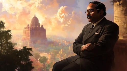 Man in suit observing distant domed temple cityscape.