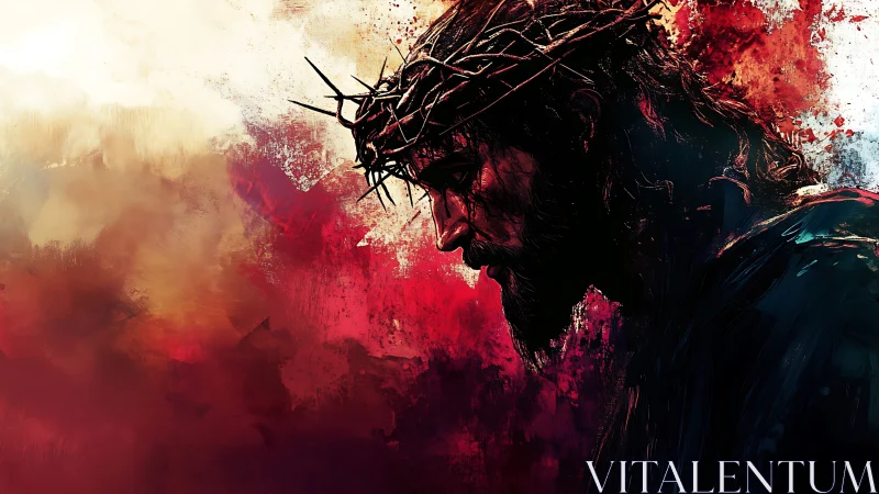 Sorrowful crowned figure bows amid vivid crimson light