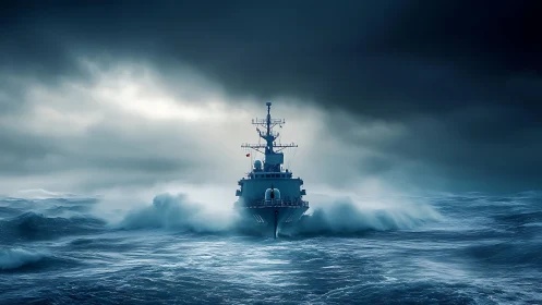 Warship cuts through rough ocean swells under storm clouds