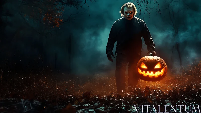 Masked killer stalks forest with glowing Halloween pumpkin