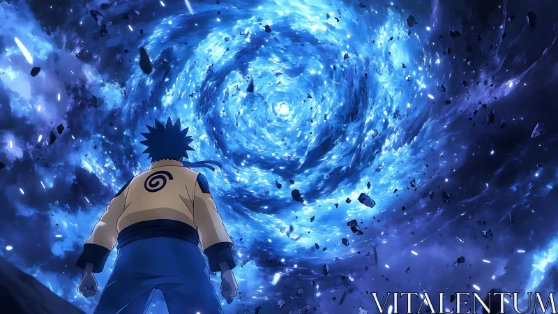 Figure observing luminous blue vortex amid debris field.