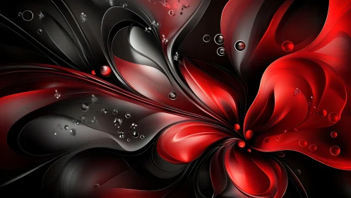 Velvet red petals swirling through glossy midnight shadows.