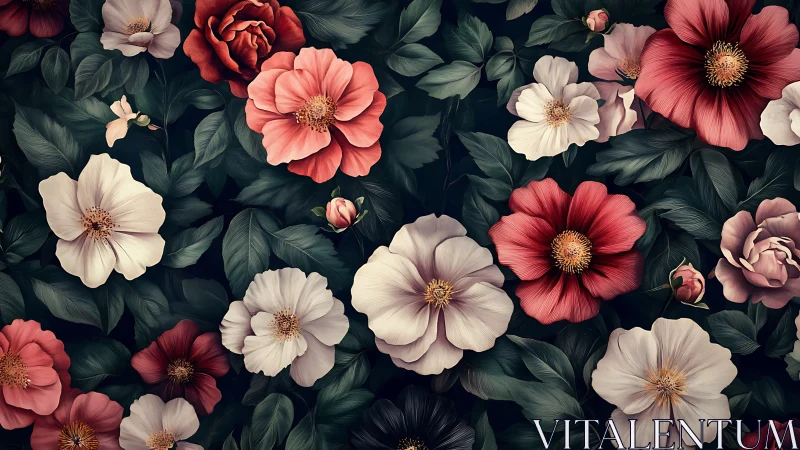 Romantic Floral Garden with Layered Blooms and Deep Green Foliage.