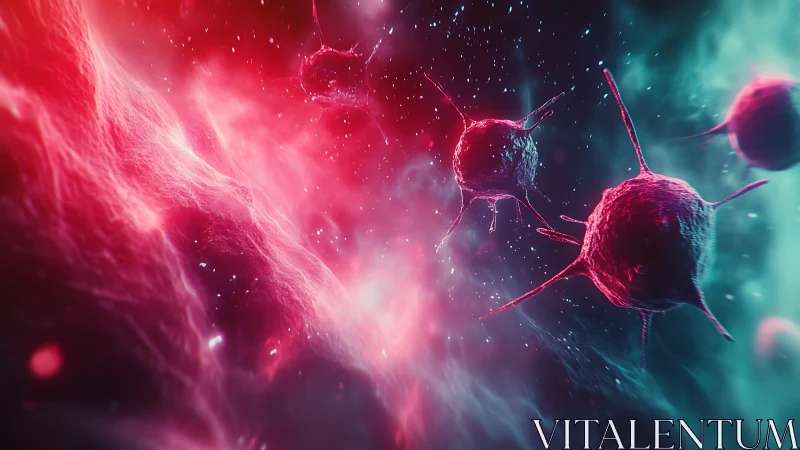 Spiked microscopic cells drift through glowing fluid space