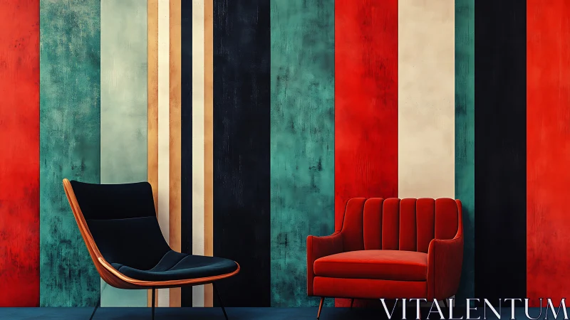 Modern lounge chairs against bold striped accent wall.