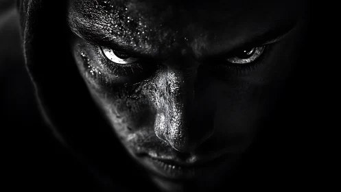 Shadowlit gaze of determination in a stark monochrome closeup.