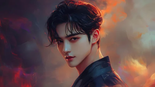 Fiery-haired youth emerges from swirling ethereal flames.