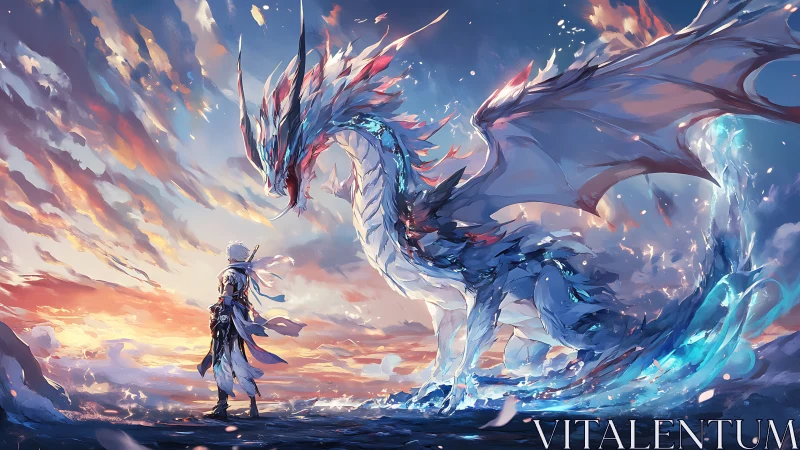 Lone warrior confronts luminous dragon at blazing dawn.