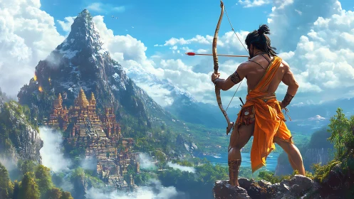 Heroic archer surveys a mystical mountain temple realm